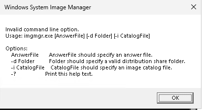Usage dialog listing the command-line switches accepted by imgmgr.exe