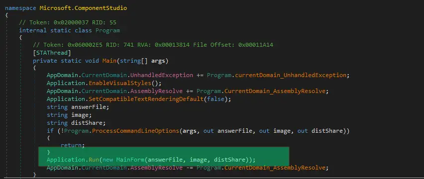 dnSpy decompilation of the imgmgr.exe Main method constructing MainForm