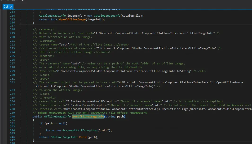 dnSpy decompilation of GetOfflineImageInfo in the Cpi class
