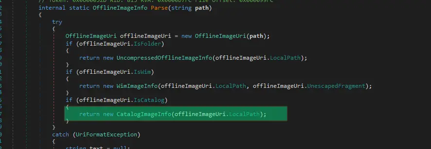 dnSpy decompilation of the Parse method with UriFormatException handling