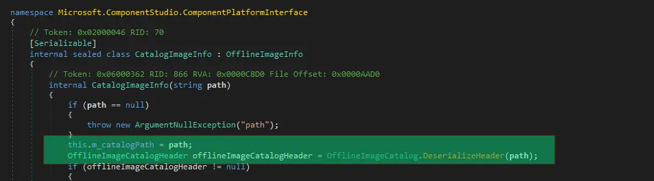 dnSpy decompilation of the CatalogImageInfo constructor opening the user-supplied file