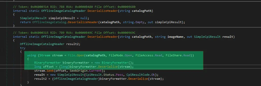 dnSpy decompilation showing BinaryFormatter.Deserialize called on a FileStream