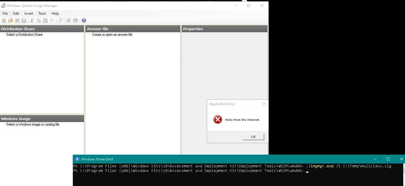imgmgr.exe window with a MessageBox spawned from the deserialisation payload