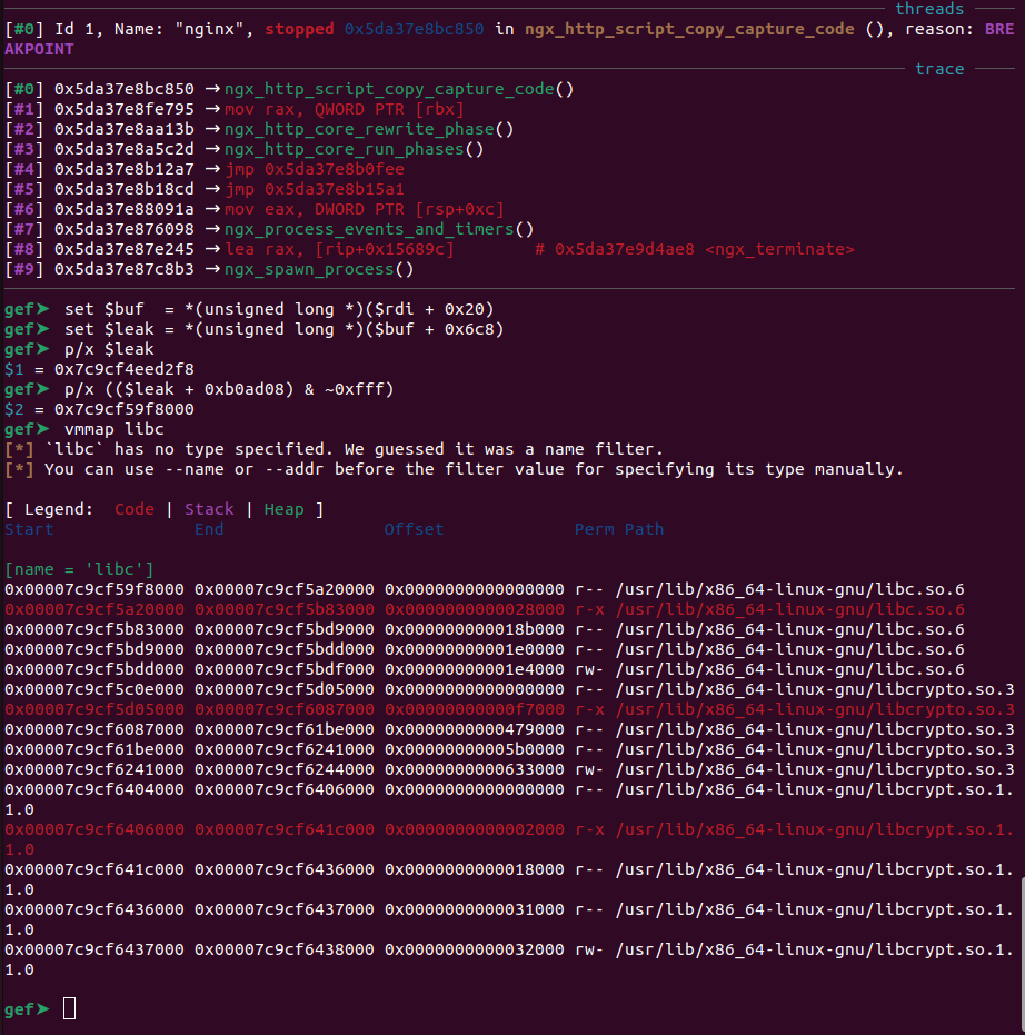 Leaked heap memory used to recover the nginx heap base address