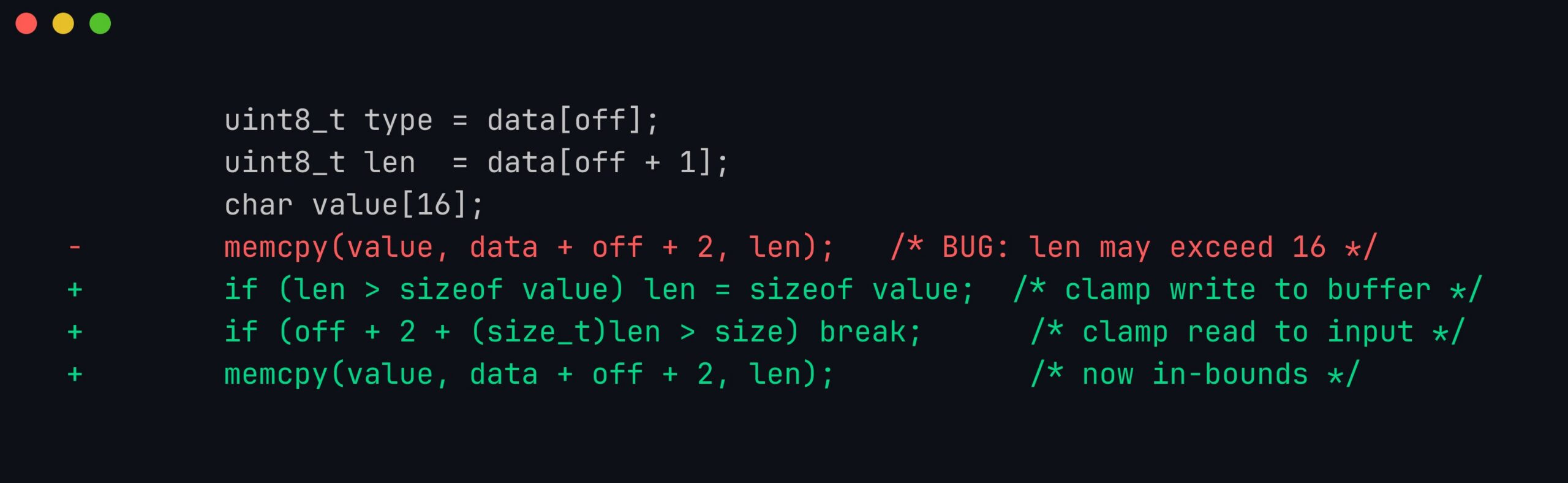 Diff of target.c adding a length clamp and an input bounds check before the memcpy that caused the stack-buffer-overflow