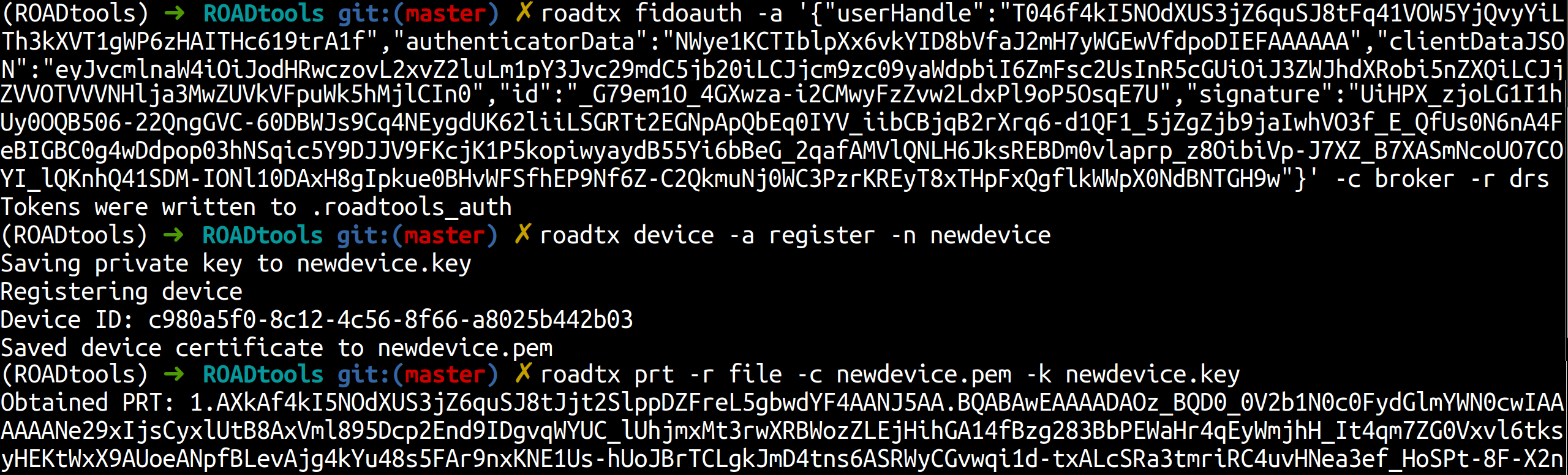 FIDO assertion used to register a device and request a PRT