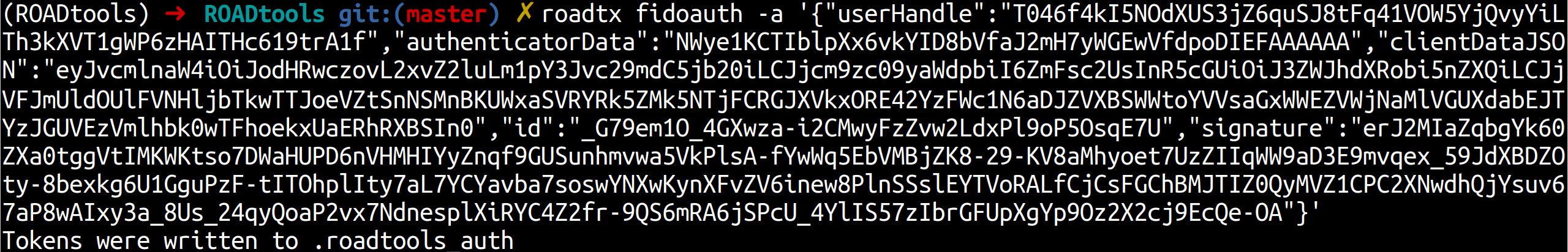 roadtx fidoauth exchanging the FIDO assertion for a token