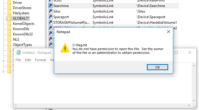 Access denied to C:\flag.txt
