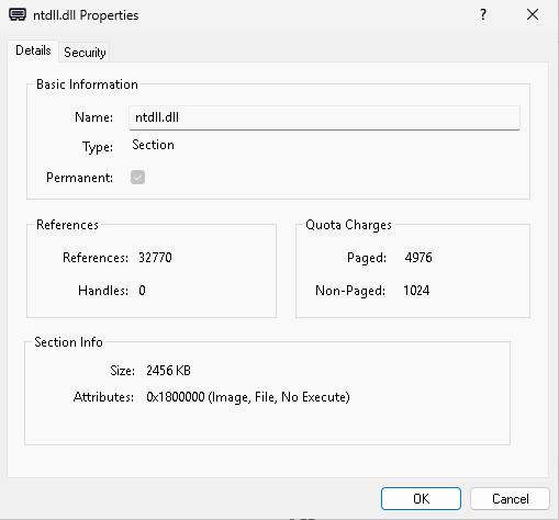 Object manager view of \KnownDlls\ntdll.dll showing SEC_IMAGE