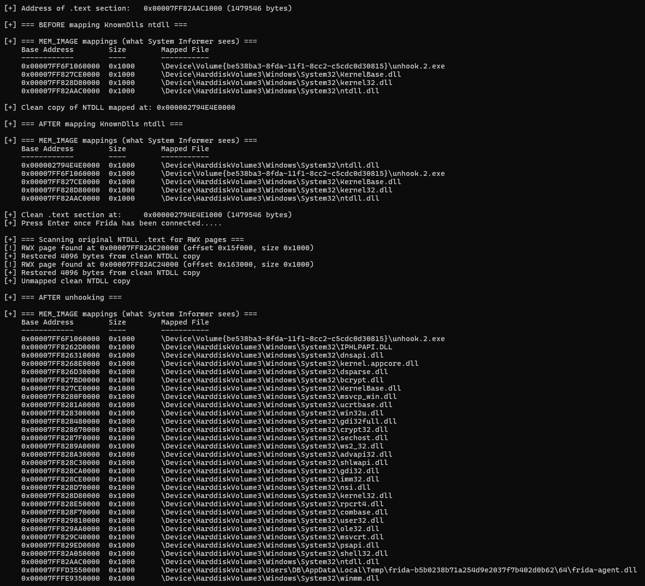 Output of FindAndRestoreHookedPages restoring bytes from the clean NTDLL copy