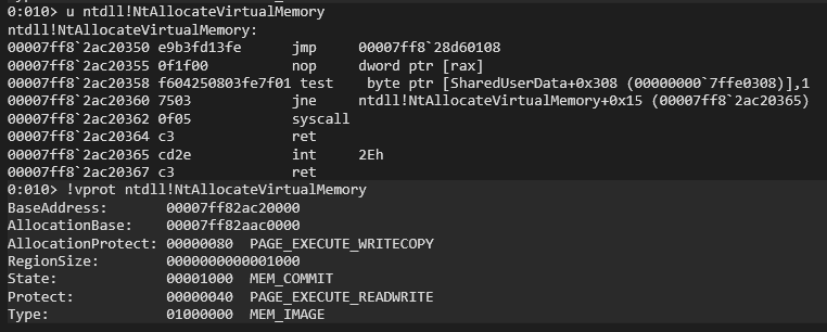 Memory view after hooking showing PAGE_EXECUTE_READWRITE protection