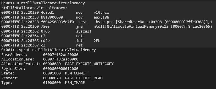Memory view of NtAllocateVirtualMemory prior to hooking