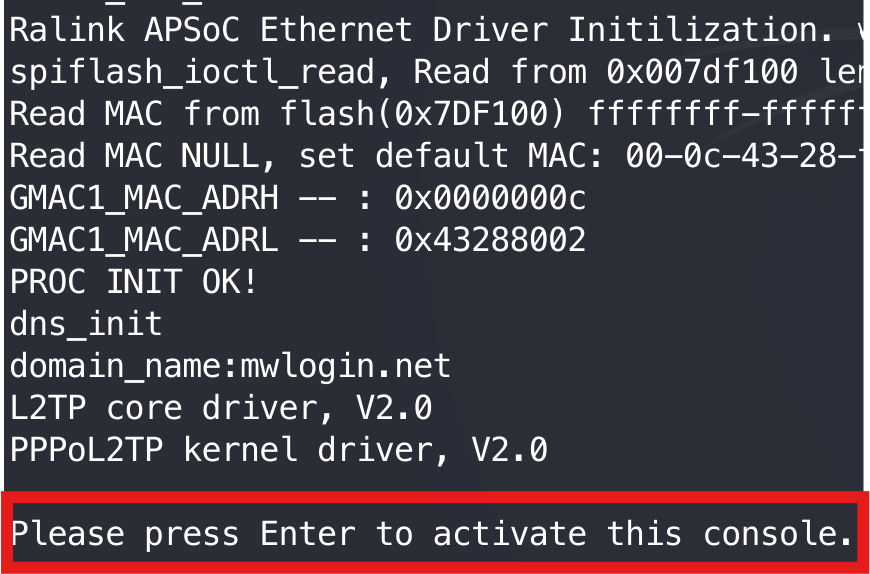 Boot logs showing console prompt