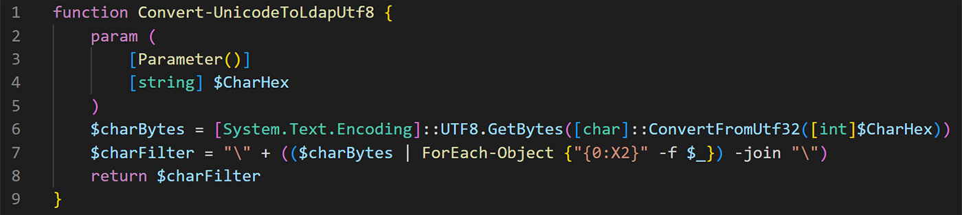The Convert-UnicodeToLdapUtf8 function, based on RFC 4515
