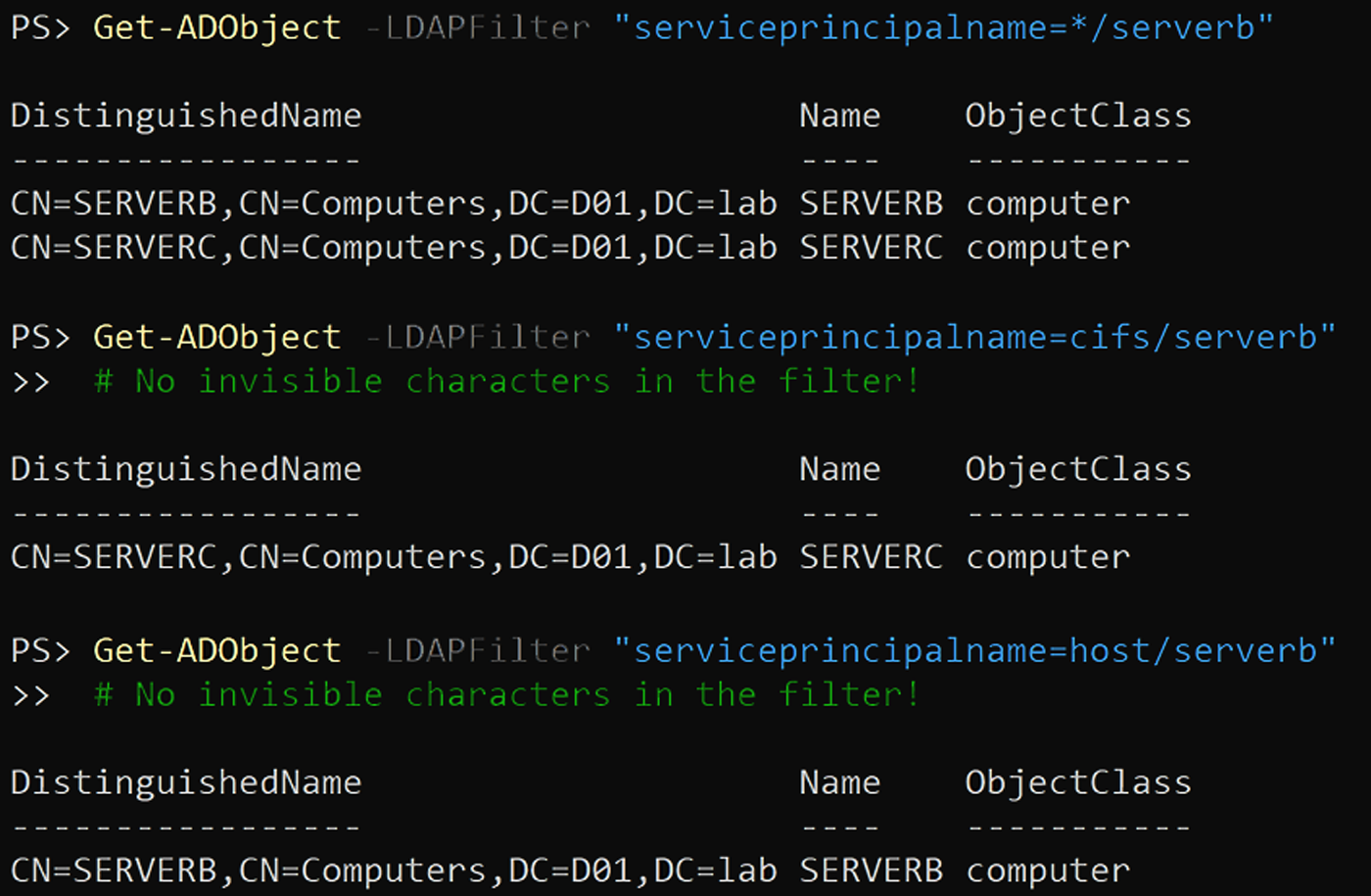 The LDAP server doesn't evaluate the unfilterable character when querying SPNs