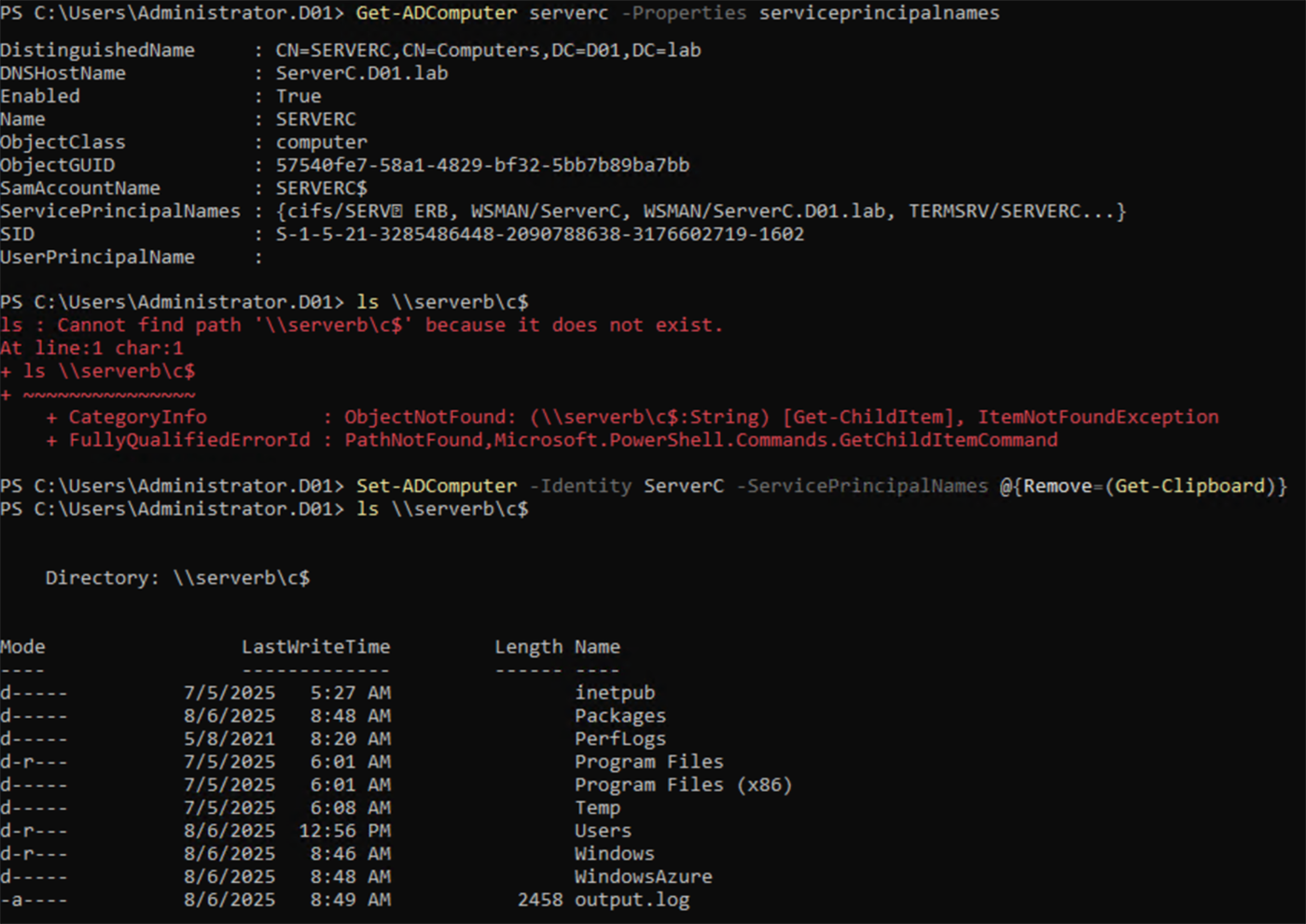 The malicious SPN blocks access to SMB; when removing the SPN, access is immediately restored
