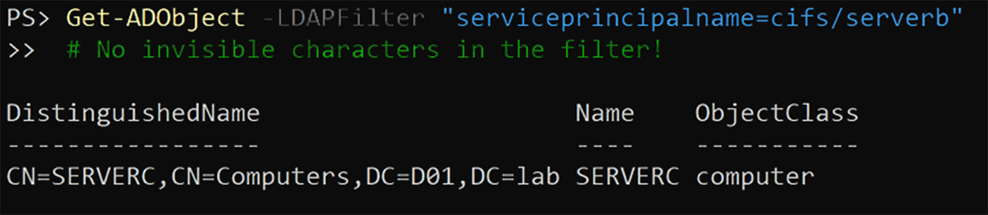 Again, looking for the account that holds cifs/SERVERB returns ServerC