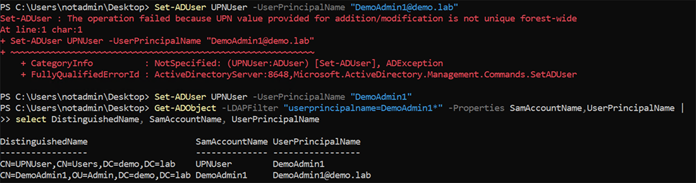 Setting the UPN of the unprivileged user to the Domain Admin's SamAccountName