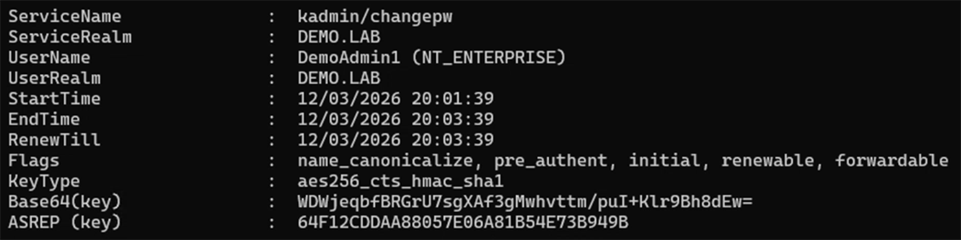 A TGT for DemoAdmin1 with the NT-ENTERPRISE name type is returned