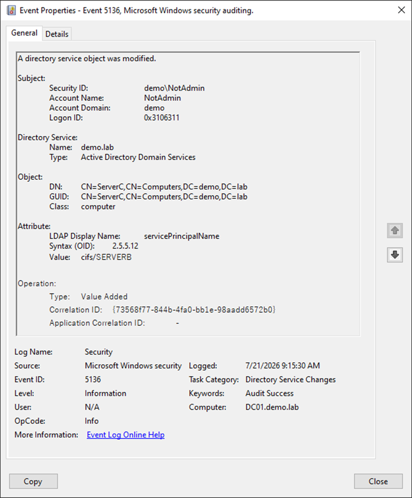 A Security log entry showing the addition of a conflicting SPN value