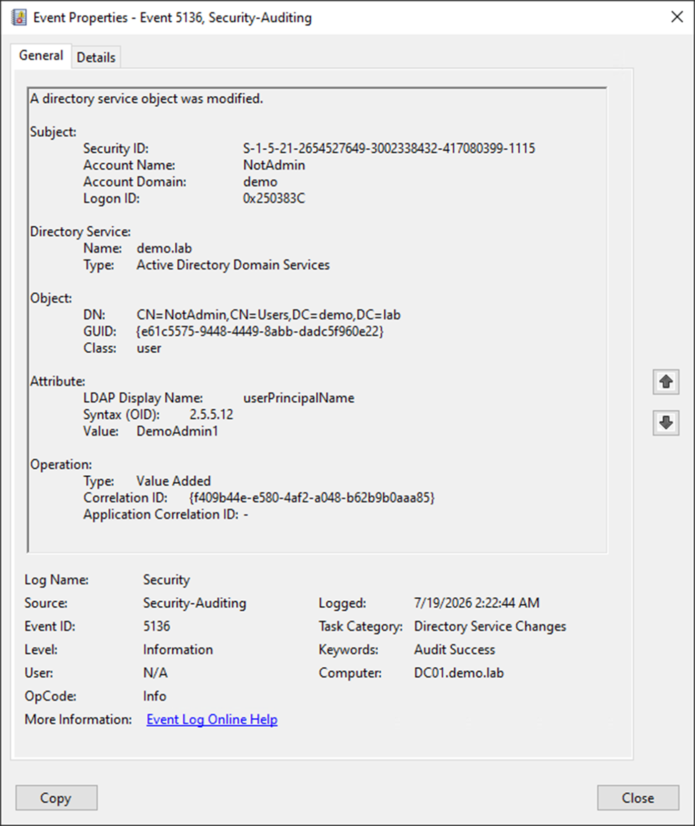 A Security log entry showing the addition of a UPN value that mimics an existing SamAccountName