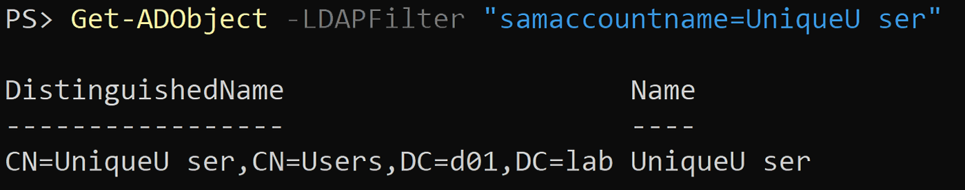 A query with 0x200B pasted between Unique and User