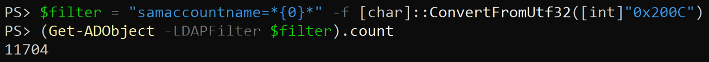 Looking for a SamAccountName that contains 0x200C returns all identities in the domain