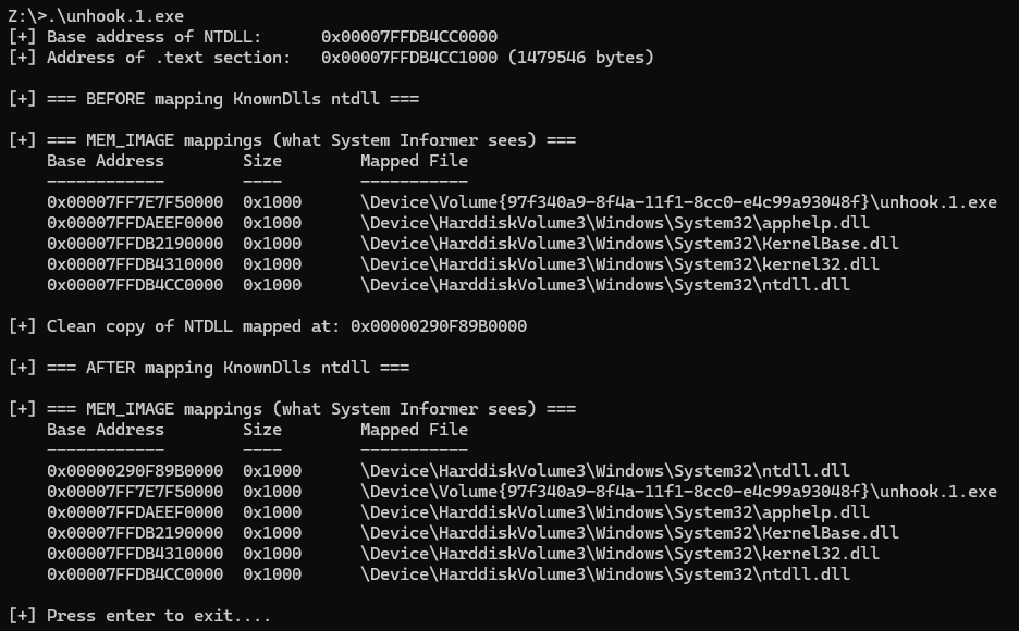 Console output of EnumImageMappings listing MEM_IMAGE regions