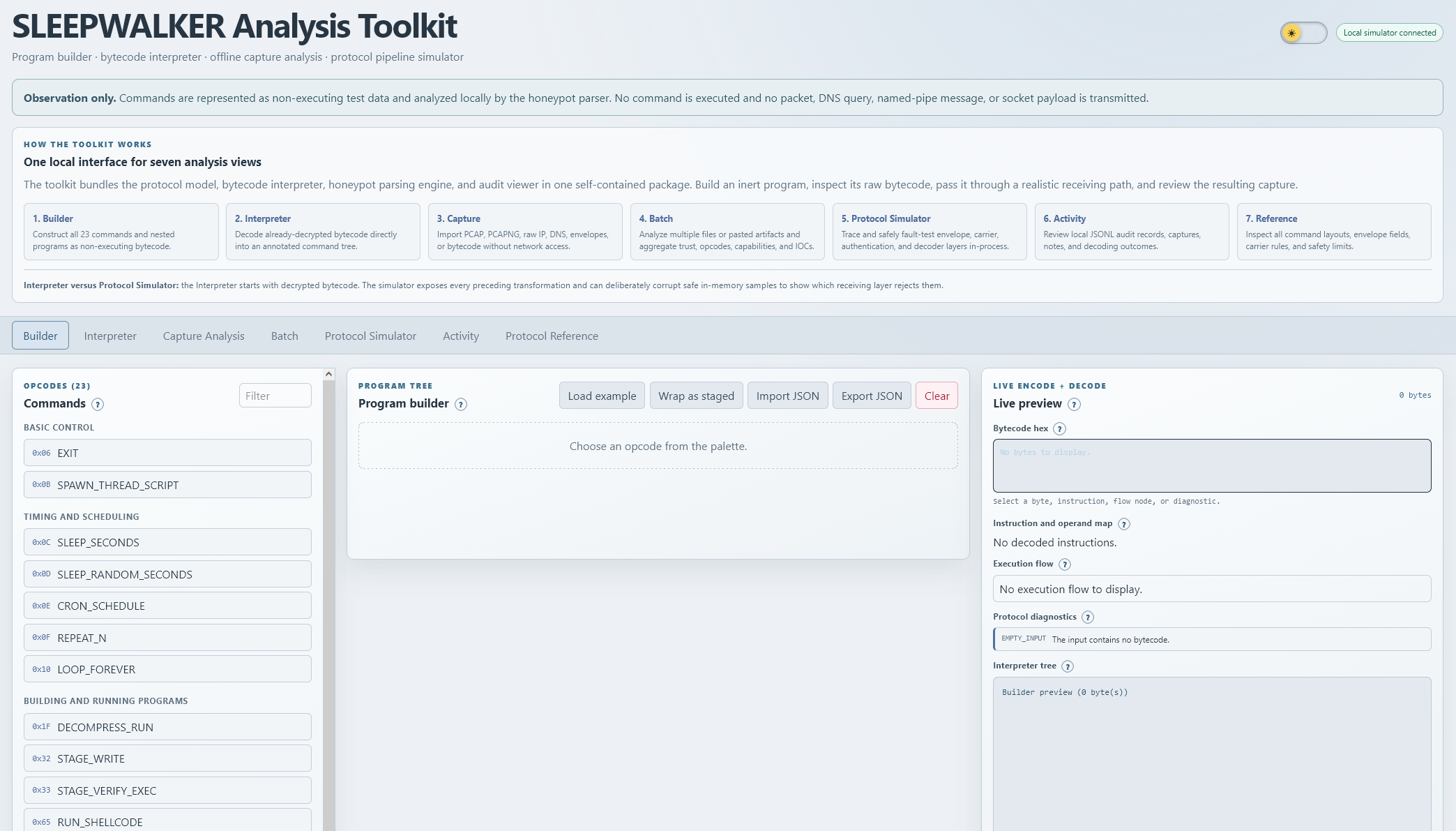 The SLEEPWALKER Analysis Toolkit web interface with the Builder tab open, showing the palette of 23 opcodes, the program tree and the live encode-and-decode panel.