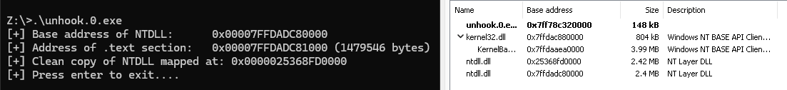 System Informer showing two ntdll.dll modules mapped into one process