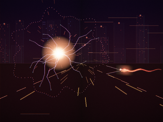 Akira scene: Neo-Tokyo psychic blast with light-trail bike