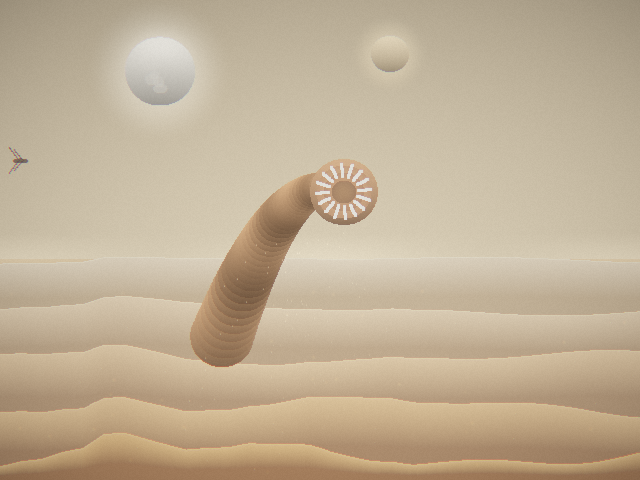 Dune scene: sandworm breaching the dunes under twin moons
