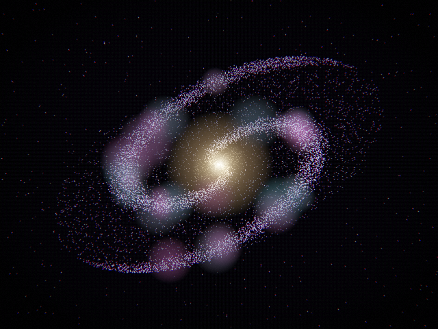 Galaxy scene: tilted spiral galaxy with glowing core and nebula dust