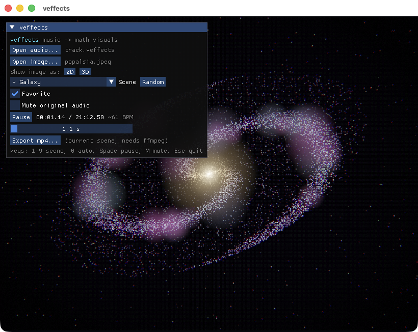 veffects control panel (Dear ImGui) over a live scene