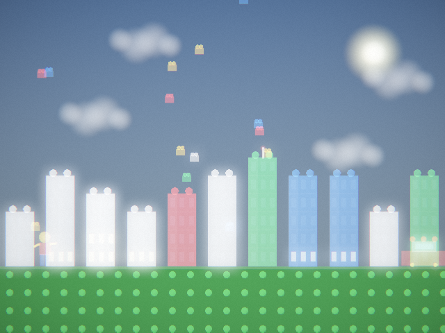 Lego City scene: primary-color brick towers on a studded baseplate