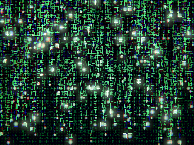 Matrix scene: dense green code rain with bright leaders and parallax depth