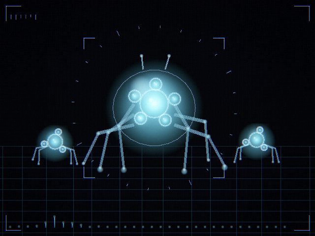 Tachikoma scene: blue AI spider-tank with cyan HUD