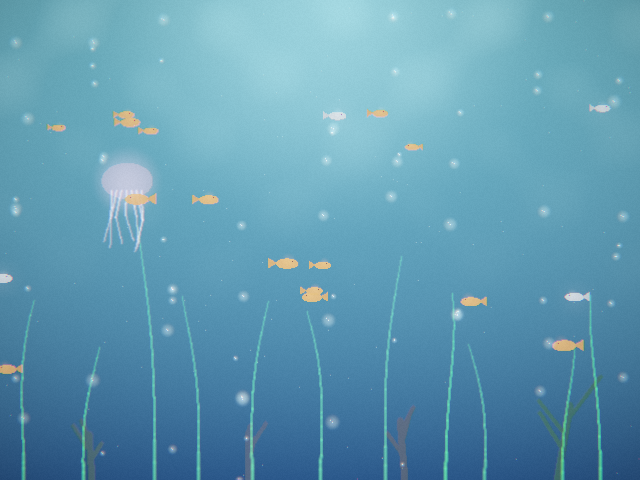 Underwater scene: caustics, fish schools, jellyfish and kelp