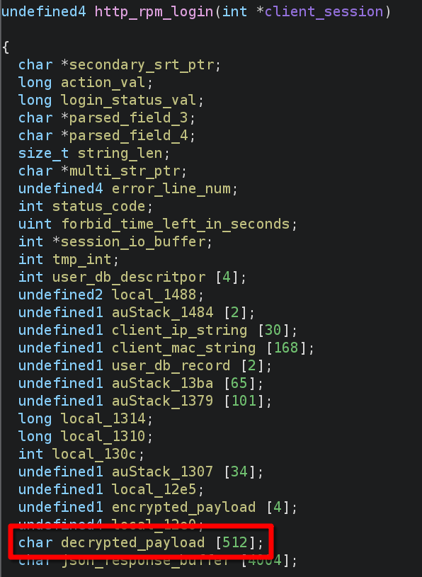 512-byte decrypted_payload buffer in http_rpm_login