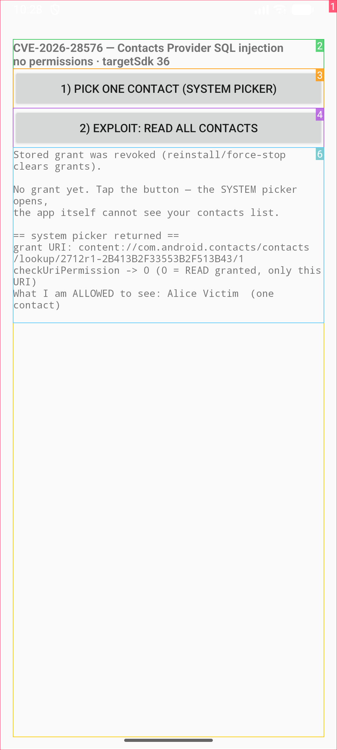 The PoC app showing the system-issued URI grant for one picked contact with checkUriPermission returning 0
