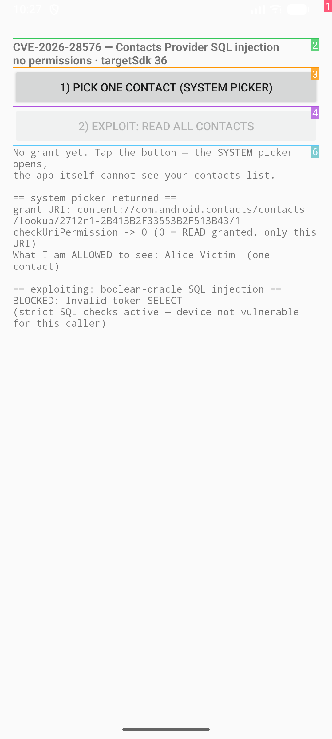 The same PoC app with strict SQL checks enabled shows the injection is rejected with Invalid token SELECT