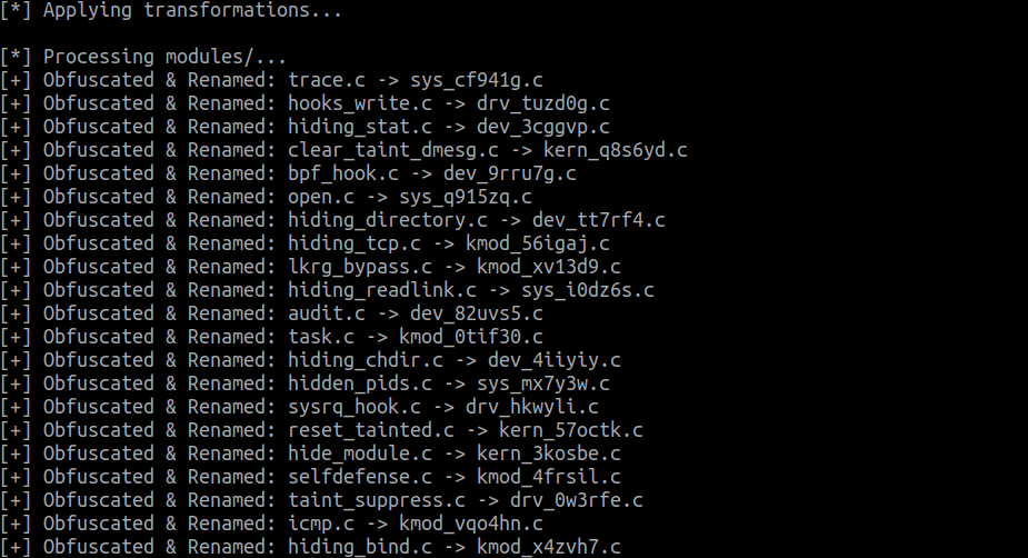 file renaming output: trace.c -> sys_cf941g.c, hooks_write.c -> drv_tuzd0g.c, clear_taint_dmesg.c -> kern_q8s6yd.c, etc.