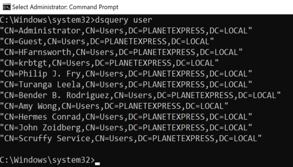 dsquery user output listing distinguished names in PLANETEXPRESS